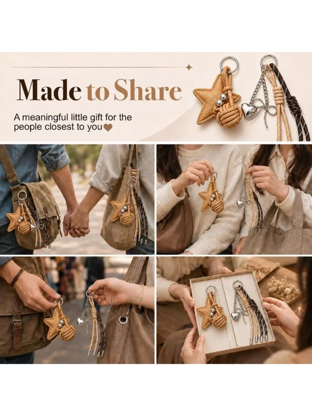 Chic 2-in-1 PU Leather Star Bag Charm Keychain with Braided Rope & Bow Accents